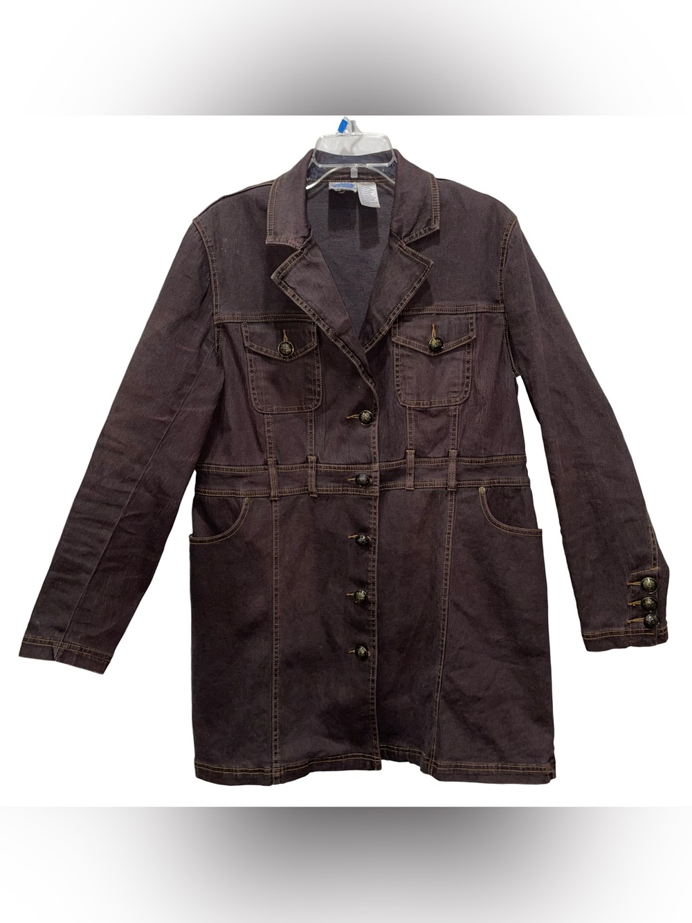 VTG DG2 by Diane Gilman Brown Denim Duster Coat Western England XL (See Pics)